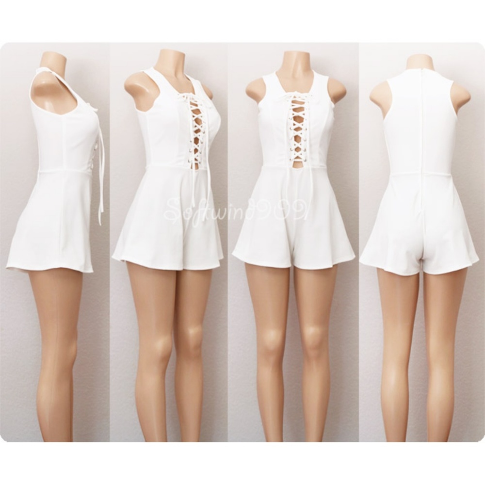 Ivory White Plunge Laced Up Stretchy Sexy Romper - Picture 7 of 8